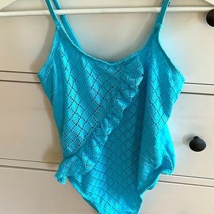 Juicy Couture baby blue crochet ruffle one piece boho vacation swimsuit size 7/8